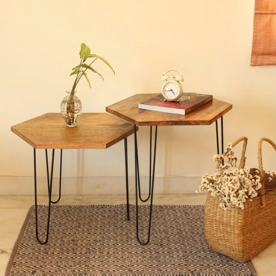 Hexagon side outlet table wood